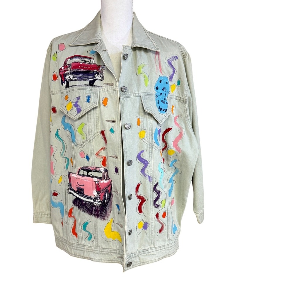 Vintage Hand Painted‎ Denim Jacket Retro Cars Art Oversized XL OOAK